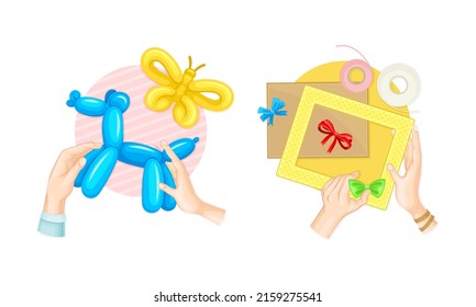 Craft hobbies set. View from above of human hands creating crafts. Modeling from balloons and frame making and decoration cartoon vector illustration