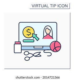 Craft hobby color icon. Donations for creators. Digital tips for continuously producing handmade things. Embroidery and knitting. Virtual tips concept. Isolated vector illustration