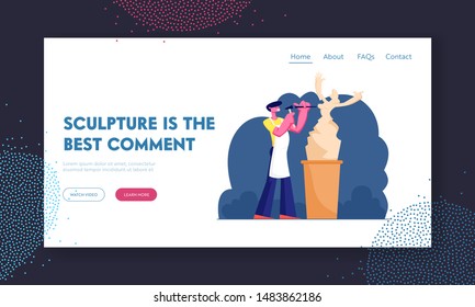 Craft Hobby and Creative Profession Website Landing Page. Sculptor Working on Sculpture Making Statue of Stone or Marble. Talented Artist Carver Hobby Web Page Banner. Cartoon Flat Vector Illustration
