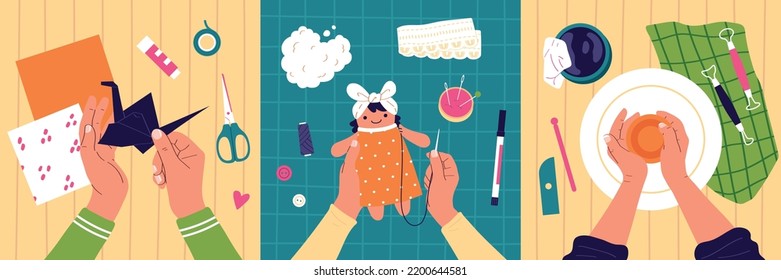 Craft hobby flat compositions set with human hands doing origami pottery and sewing doll isolated vector illustration