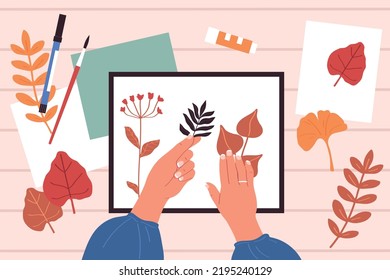 Craft hobby herbarium flat background with human hands sticking leaves and twigs to paper top view vector illustration