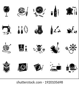 Craft hobby set glyph icons. Handmade and homemade concept. Consist of sewing, etching, bottle painting, origami, papier-mache etc. Filled flat signs. Isolated silhouette vector illustrations