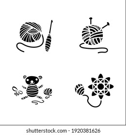 Craft hobby set glyph icons. Handmade and homemade concept. Consist of crochet basics, tatting, knitting, amigurumi. Filled flat signs. Isolated silhouette vector illustrations