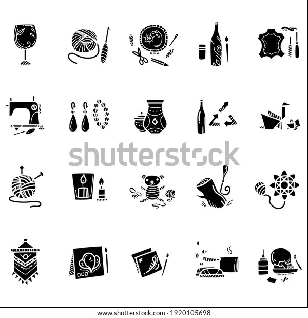 Craft hobby set glyph icons. Handmade and\
homemade concept. Consist of sewing, etching, bottle painting,\
origami, papier-mache etc. Filled flat signs. Isolated silhouette\
vector illustrations