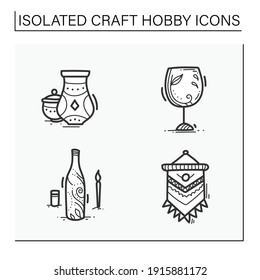 Craft hobby set hand drawn icons. Handmade and homemade concept. Consist of pottery, macrame, bottle painting, glass etching designs. Isolated sketch vector illustrations