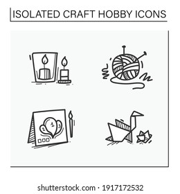 Craft hobby set hand drawn icons. Handmade and homemade concept. Consist of origami, knitting, handmade candles, Isolated sketch vector illustrations