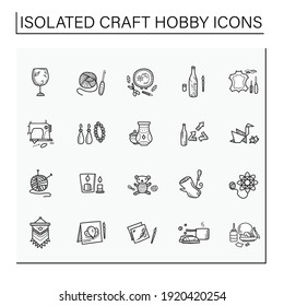 Craft hobby set hand drawn icons. Handmade and homemade concept. Consist of sewing, etching, bottle painting, origami, papier-mache etc. Isolated sketch vector illustration