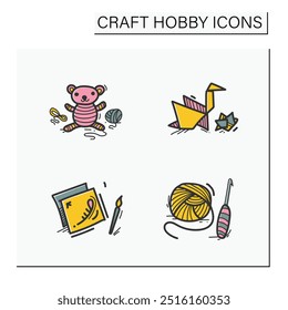 Craft hobby set hand drawn color icons. Handmade and homemade concept. Consist of crochet basics, decoupage, amigurumi, origami. Isolated sketch vector illustrations