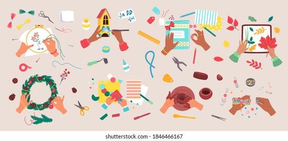 Craft hobby vector illustration set. Cartoon flat craftsman artist hands doing creative handmade decorating art work, knitting or painting, scrapbooking, sewing and creating handicraft in workshop