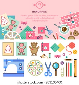 Craft. Homemade toys and clothes, tools and materials for handmade, sewing, art. Workplace in top view. Vector flat illustration