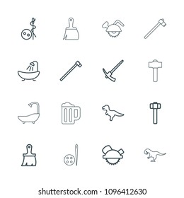 Craft icon. collection of 16 craft outline icons such as needle button, shower, brush, saw blade, dinosaur, garden hammer, hammer. editable craft icons for web and mobile.