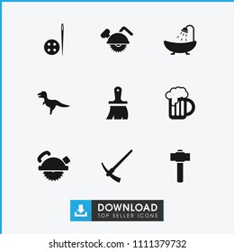 Craft icon. collection of 9 craft filled icons such as shower, brush, saw blade, dinosaur, beer mug, hammer, needle button. editable craft icons for web and mobile.