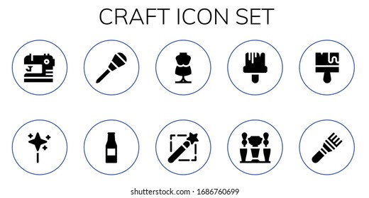 craft icon set. 10 filled craft icons.  Simple modern icons such as: Sewing, Wand, Awl, Beer bottle, Mannequin, Magic wand, Paint brush, Beer tap, Brush