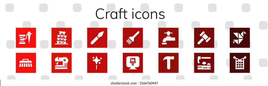 craft icon set. 14 filled craft icons.  Collection Of - Thread, Brush, Pisa, Sewing, Paint brush, Wand, Beer tap, Hammer, Adze, Origami, Knit icons