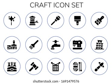 craft icon set. 15 filled craft icons. Included Wand, Paint brush, Beer tap, Brush, Awl, Sewing machine, Pisa, Beer bottle, Hammer, Knit, Wool icons