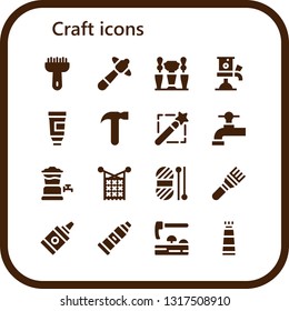 craft icon set. 16 filled craft icons.  Simple modern icons about  - Brush, Hammer, Beer tap, Paint tube, Magic wand, Knit, Wool, Glue, Adze svg