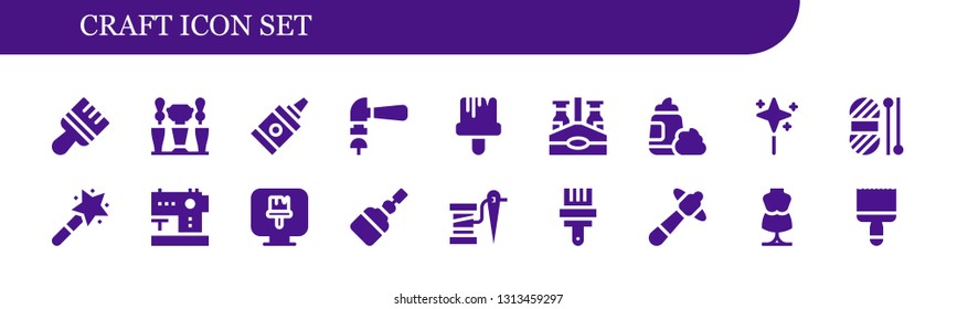 craft icon set. 18 filled craft icons.  Collection Of - Brush, Beer tap, Glue, Hammer, Paint brush, Beer bottle, Foam, Wand, Wool, Magic wand, Sewing machine, Fermentation, Thread