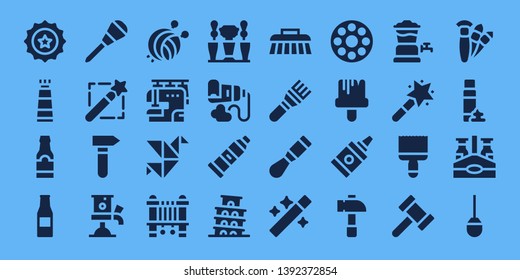 craft icon set. 32 filled craft icons. on blue background style Collection Of - Beer cap, Paint tube, Beer bottle, Awl, Magic wand, Hammer, Beer tap, Yarn ball, Sewing machine
