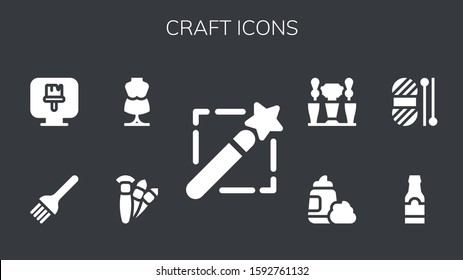 craft icon set. 9 filled craft icons. Included Magic wand, Brushes, Mannequin, Brush, Paint brush, Beer bottle, Wool, Foam, Beer tap icons