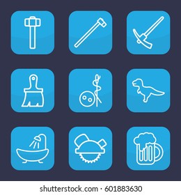 craft icon. Set of 9 outline craft icons such as needle button, shower, brush, saw blade, garden hammer, beer mug, dinosaur