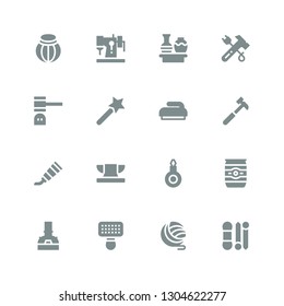 craft icon set. Collection of 16 filled craft icons included Knit, Yarn, Brush, Brewery, Beer can, Threader, Anvil, Paint tube, Hammer, Magic wand, Vase, Sewing machine, Pottery