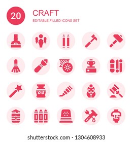 craft icon set. Collection of 20 filled craft icons included Brewery, Beer tap, Crayons, Hammer, Brush, Bobbin, Vase, Knit, Magic wand, Paint tube, Goddess, Beer can, Crayon, Thimble