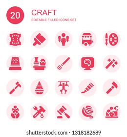 craft icon set. Collection of 20 filled craft icons included Leather, Brush, Beer tap, Ice cream cart, Painting palette, Thimble, Vase, Paint brush, Paint palette, Wand, Hammer
