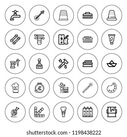 Craft icon set. collection of 25 outline craft icons with beer can, beer tap, color palette, brush, ektara, hammer, magic wand, knit, knitting, homemade icons. editable icons.