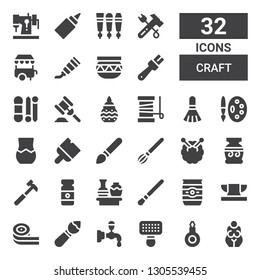 craft icon set. Collection of 32 filled craft icons included Goddess, Threader, Brush, Beer tap, Belts candy, Anvil, Beer can, Vase, Paint tube, Hammer, Knitting, Paint brush