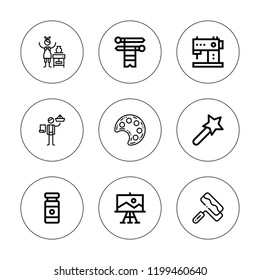 Craft icon set. collection of 9 outline craft icons with magic wand, knit, paint palette, paint roll, origami, pottery icons. editable icons.