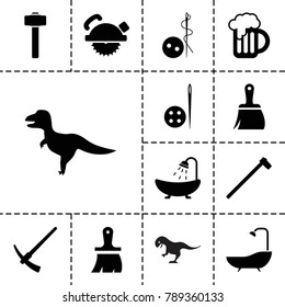 Craft icons. set of 13 editable filled craft icons such as needle button, shower, brush, saw blade, dinosaur, garden hammer, beer mug
