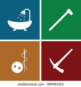 craft icons set. Set of 4 craft filled icons such as needle button, shower, garden hammer