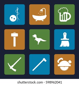 craft icons set. Set of 9 craft filled icons such as needle button, shower, brush, saw blade, garden hammer, beer mug, hammer