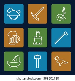 craft icons set. Set of 9 craft outline icons such as needle button, shower, brush, saw blade, garden hammer, beer mug, dinosaur