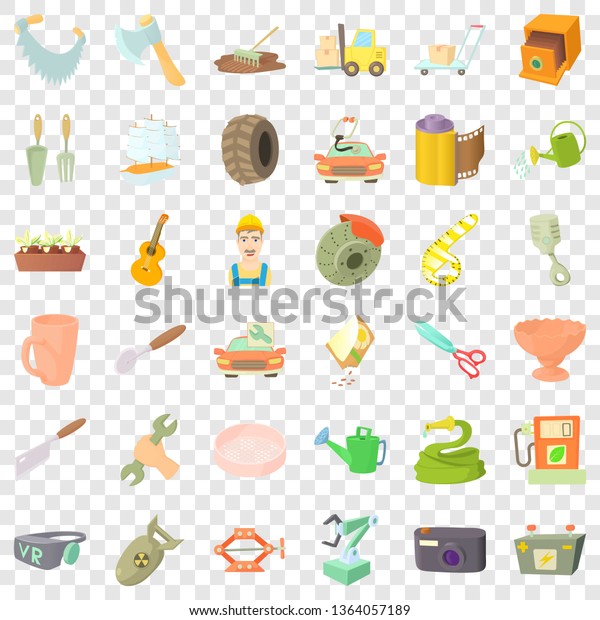 Craft icons set. Cartoon style of 36 craft vector\
icons for web for any\
design