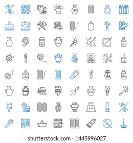craft icons set. Collection of craft with brushes, magic wand, glue, thread, ice cream cart, paper boat, sewing, vase, thimble, homemade, paint brush. Editable and scalable craft icons.