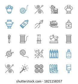 craft icons set. Collection of craft with paint brush, brushes, wool balls, magic wand, sewing, correction fluid, crayon, wool ball, thread. Editable and scalable craft icons.