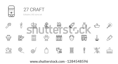 craft icons set. Collection of craft with paint brush, thread, handcraft, glue, wool ball, sewing machine, ice cream cart, vase, crayon, wool. Editable and scalable craft icons.