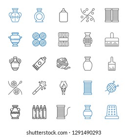 craft icons set. Collection of craft with thimble, vase, thread, crayon, wool ball, paint brush, magic wand, sewing, yarn ball, glue, wool. Editable and scalable craft icons.