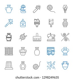 craft icons set. Collection of craft with vase, sewing, wool ball, thimble, ice cream cart, thread, sewing machine, paint brush, brush, glue. Editable and scalable craft icons.