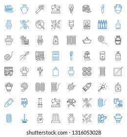 craft icons set. Collection of craft with vase, crayons, sewing, thimble, brushes, thread, handcraft, hammer, sewing machine, brush, crayon. Editable and scalable craft icons.