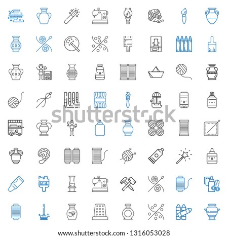 craft icons set. Collection of craft with vase, crayons, sewing, thimble, brushes, thread, handcraft, hammer, sewing machine, brush, crayon. Editable and scalable craft icons.