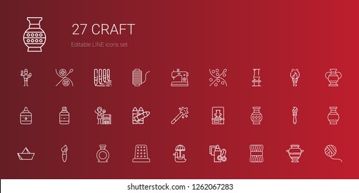 craft icons set. Collection of craft with wool, handcraft, pedal boat, thimble, vase, brush, paper boat, magic wand, crayons, homemade, correction fluid. Editable and scalable craft icons.