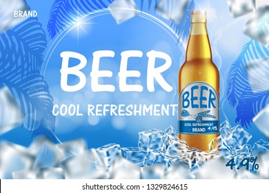 Craft icy beer ads with splashing. Realistic glass beer bottle with ice cubes on shiny summer blue background. Vector 3d illustration