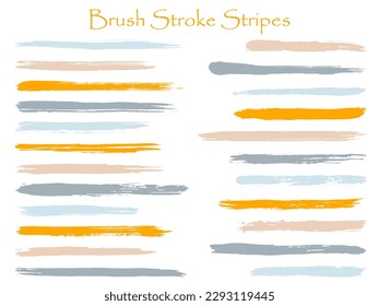 Craft ink brush stroke stripes vector set, grey orange horizontal marker or paintbrush lines patch. Hand drawn watercolor paint brushes, smudge strokes collection. Interior colors guide book swatches.