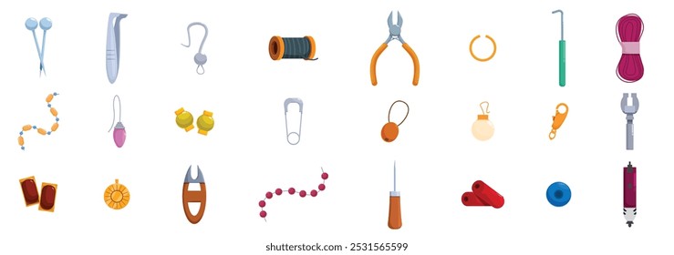 Craft jewellery making icons set. Jewelry pliers, beads, string, findings, clasps, and other tools and materials for creating handmade jewelry are laid out in a flat lay