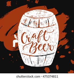 Craft kind of beer. Vector hand written brush pen calligraphy phrase or quote in a barrel form. Cute isolated letters on an abstract background for Oktoberfest about drinking a beer.