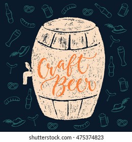 Craft kind of beer. Vector hand written brush pen calligraphy phrase or quote in a barrel form. Cute isolated letters on an abstract background for Oktoberfest about drinking a beer.