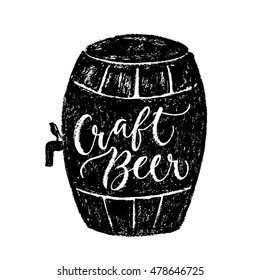 Craft kind of beer. Vector hand written brush pen calligraphy phrase or quote in a barrel form. Cute isolated letters on an abstract background for Oktoberfest about drinking a beer.