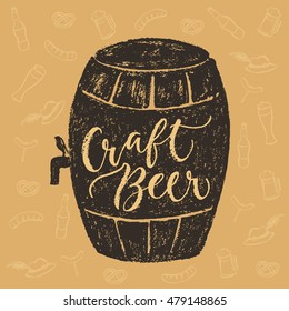 Craft kind of beer. Vector hand written brush pen calligraphy phrase or quote in a barrel form. Cute isolated letters on an abstract background for Oktoberfest about drinking a beer.